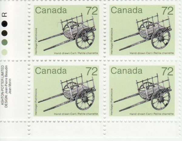 Canada Stamp Plate Block#1083 - Hand-Drawn Cart (1987) 72¢ Fluorescent paper