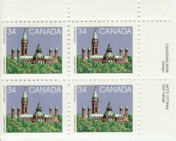 Plate Block of Canada Stamp #925 - Parliament Buildings (1985) 34¢